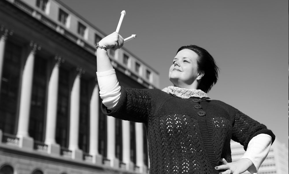 Susan Case flexes her knitting might. Photo by Brett Marshall/ Kertis Creative.